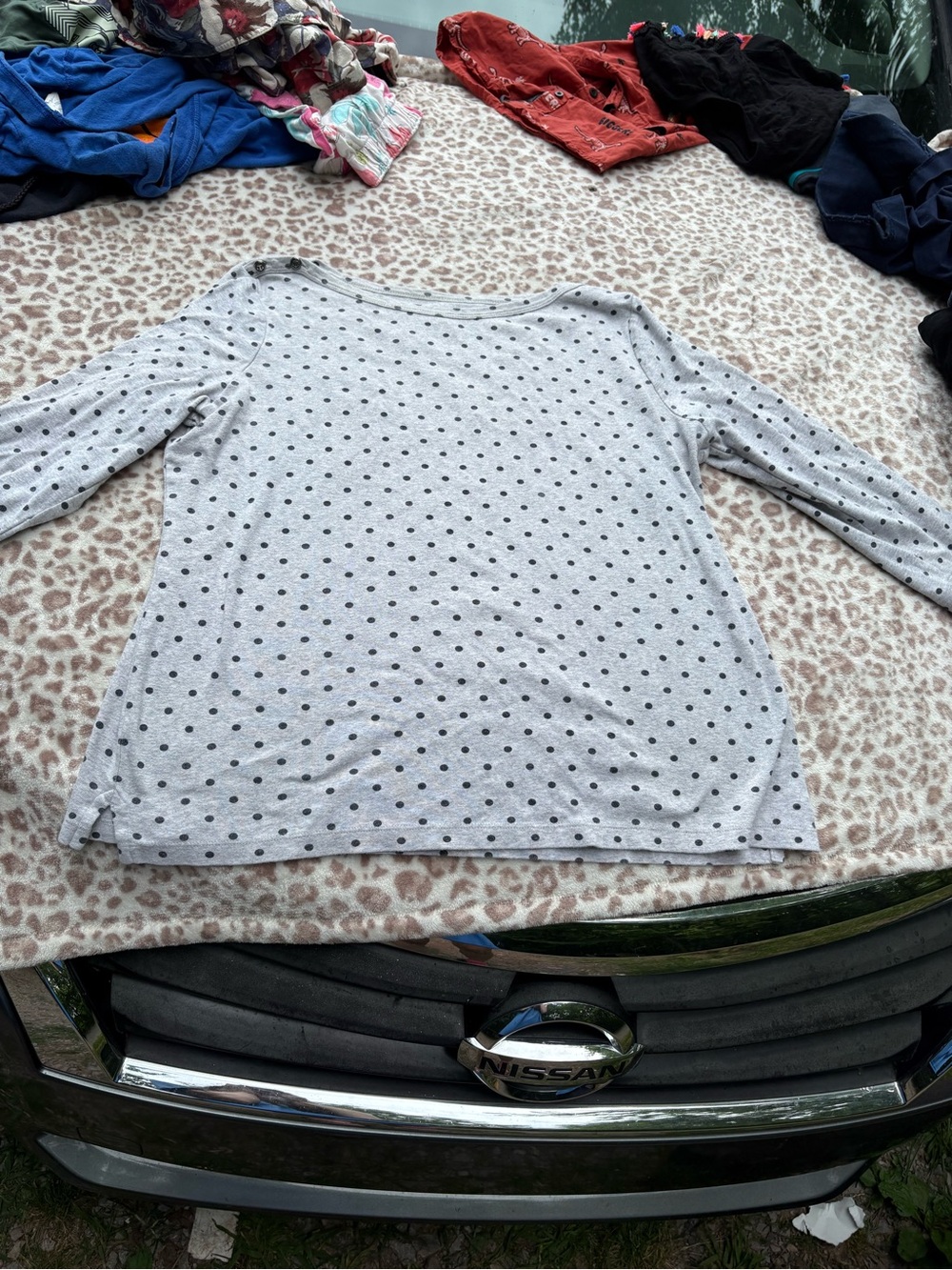 Kim Rogers Anchor Button Gray Polka Dot 3/4 Sleeve Women's Top Size Large